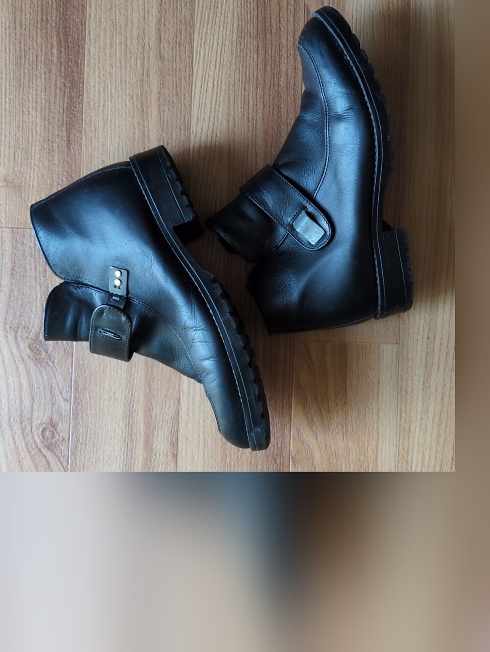 Women's Black Leather Ankle Boots with Strap